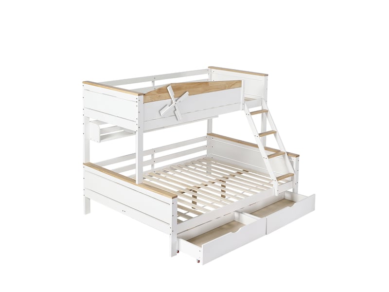  Lit superposé design moulin à vent, avec étagères, lit enfant, barrière de sécurité contrastée, échelle inclinée à quatre marches et tiroirs, pin et mdf, blanc et naturel, 90 x 200 cm et 140 x 200 cm  - Conforama E