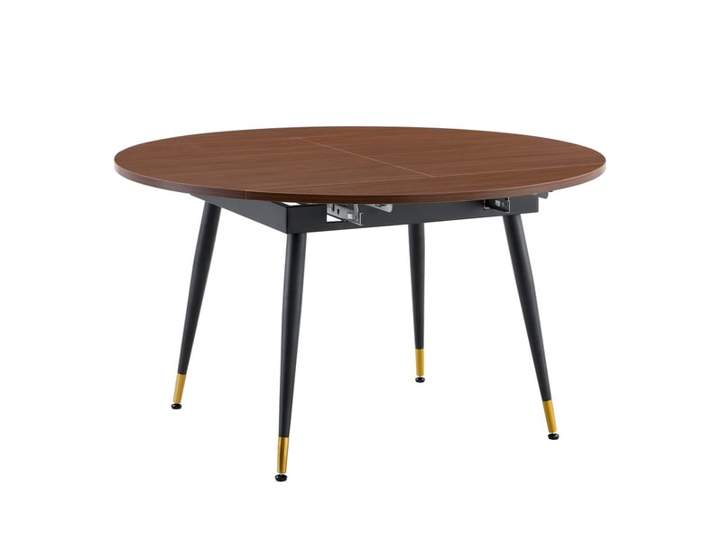  Table à manger extensible moderne se transformant de ronde à ovale en mdf noir noyer avec accents dorés sur pieds métal gain de place  - Conforama A