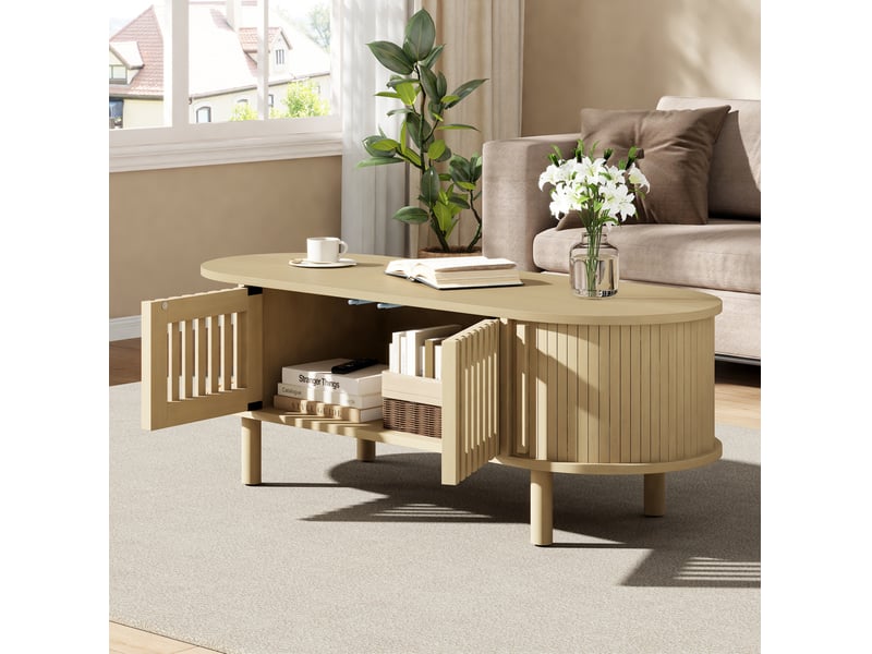  Table basse ovale 100x40x38 cm avec portes à lamelles et porte coulissante mdf et bois couleur naturelle  - Conforama E