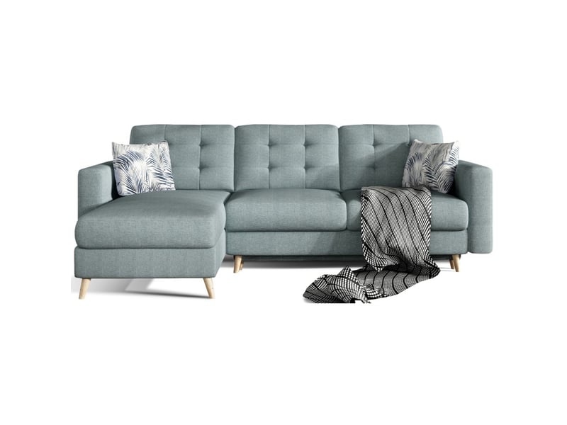  Canapé d'angle convertible hasgard 3 places bleu 248x162 cm – coffre et pieds bois  - Conforama A