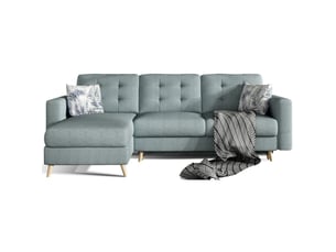 Canapé d'angle convertible hasgard 3 places bleu 248x162 cm – coffre et pieds bois