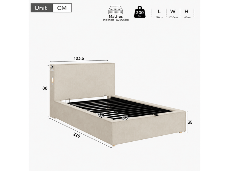  Lit coffre rembourré 90x200 cm -  avec tête de lit et sommier à lattes - rangement coffre -tissu chenille - beige (sans matelas)  - Conforama C