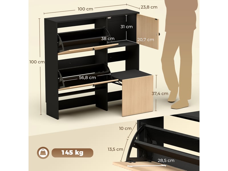  Meuble à chaussures étroit effet chêne, 2 tiroirs rabattables, tabouret dissimulé, 8 à 10 paires  - Conforama E