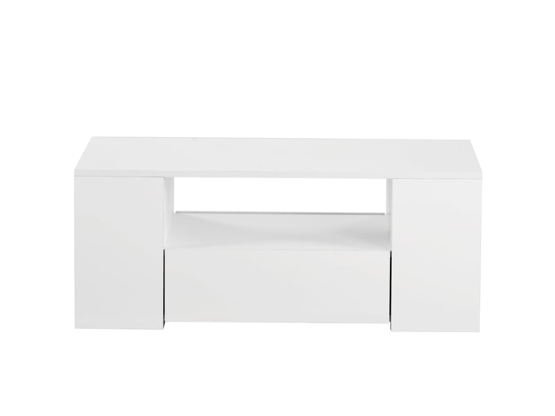 Table basse blanche brillante de salon moderne avec led 2 tiroirs et 2 étagères 95x53x37 cm - Conforama W
