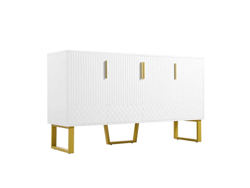 Buffet 140x40x80 cm blanc brillant mdf, 4 portes, design géométrique et grand rangement pour salon - Conforama D