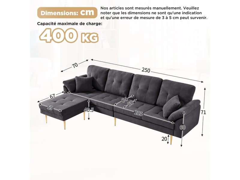  Canapé droit 4 places avec pouf modulable  - pieds en fer 20 cm velours côtelé gris foncé 250 × 70 × 87 cm  - Conforama D