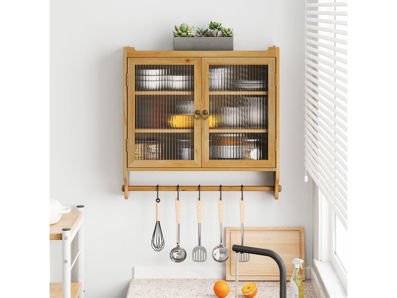  Meuble haut cuisine 63x18x60cm, armoire de rangement avec 2 portes en verre trempé, bois, couleur naturel  - Conforama W