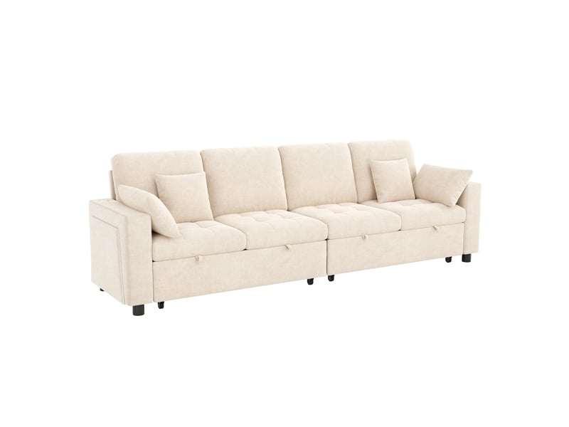 Canapé-lit 4 places 262.5x140x89 cm avec led et usb, dossier réglable, tissu couleur beige, design moderne - Conforama A