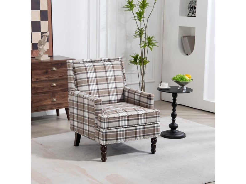  Fauteuil rembourré en mousse haute densité, coton et lin marron et blanc  - Conforama D
