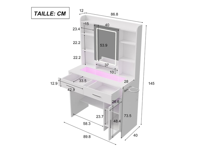  Coiffeuse maquillage - 89,8 x 40 x 145 cm - blanc - table de maquillage avec plateau en verre, miroir led, tiroirs et étagères de rangement  - Conforama B