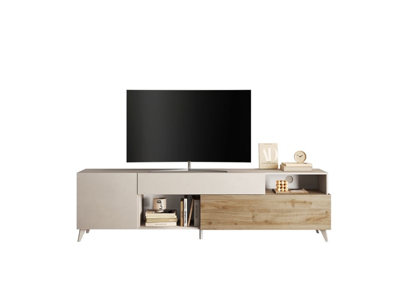 Meuble tv moderne blanc bois avec tiroir et 2 portes 241x42x67cm clere - chêne - blanc  - Conforama D