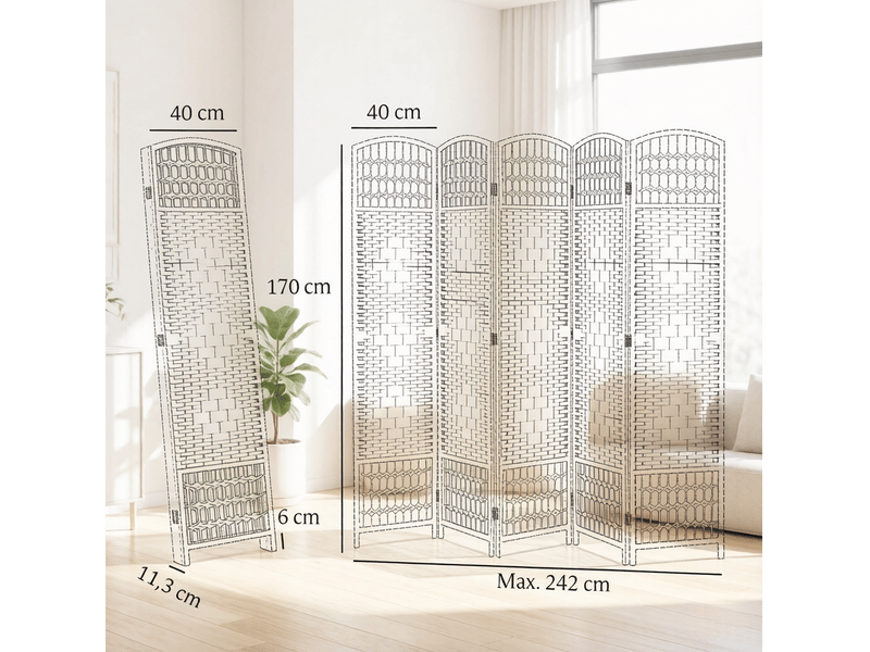  Paravent pliable à 6 panneaux tressés en corde de papier avec cadre en bois blanc intérieur 242 × 170 cm  - Conforama E