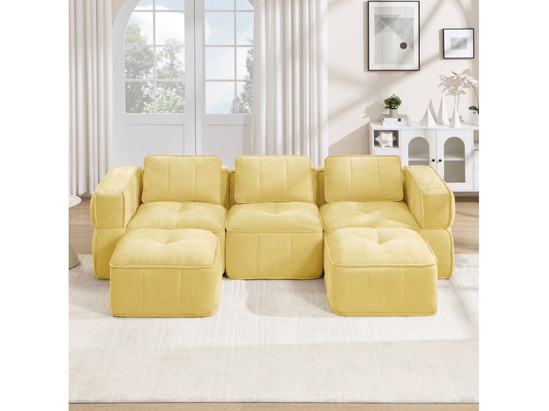  Canapé panoramique en u 3 places modulable avec 2 poufs et assise profonde, en polyester jaune  - Conforama D