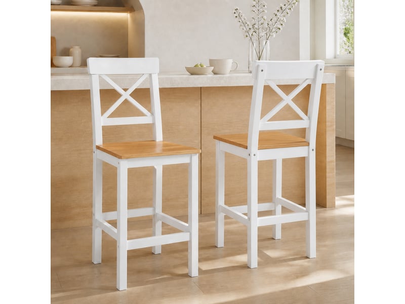  Ensemble de 2 tabourets de bar en pin avec repose-pieds et dossier, style champêtre, pour la cuisine ou le salon, aspect naturel.  - Conforama C