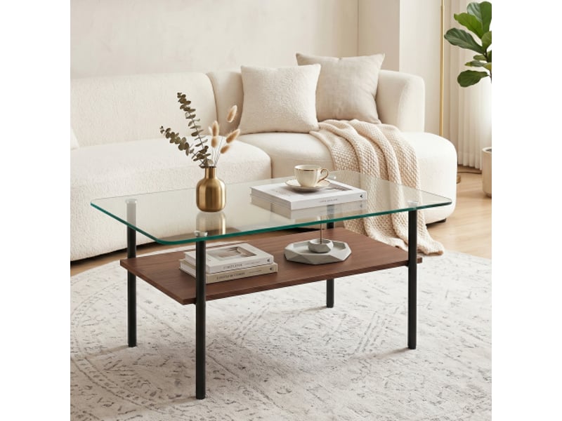 Table basse rectangulaire moderne avec plateau verre et mdf, 2 niveaux, cadre métal, rangement noir-bois 45x98x58 cm - Conforama E
