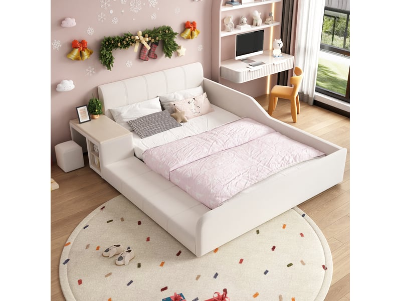  Lit enfant rembourré avec bureau et tabouret en velours blanc 140 x 200 cm  - Conforama B