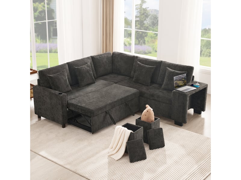 Canapé d'angle, canapé convertible, gris, porte-gobelets, coussins inclus, usb, adapté à l'espace de vie, pour home cinéma - Conforama C