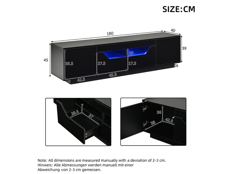  Meuble tv bas 180x40x45 cm avec 2 tiroirs, 2 portes de rangement et éclairage led, panneau particules, noir brillant  - Conforama C