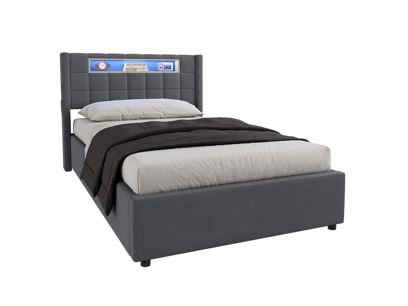  Lit coffre simple en velours avec led, usb, type-c et étagère 90 x 200 cm, sans matelas, gris foncé  - Conforama A
