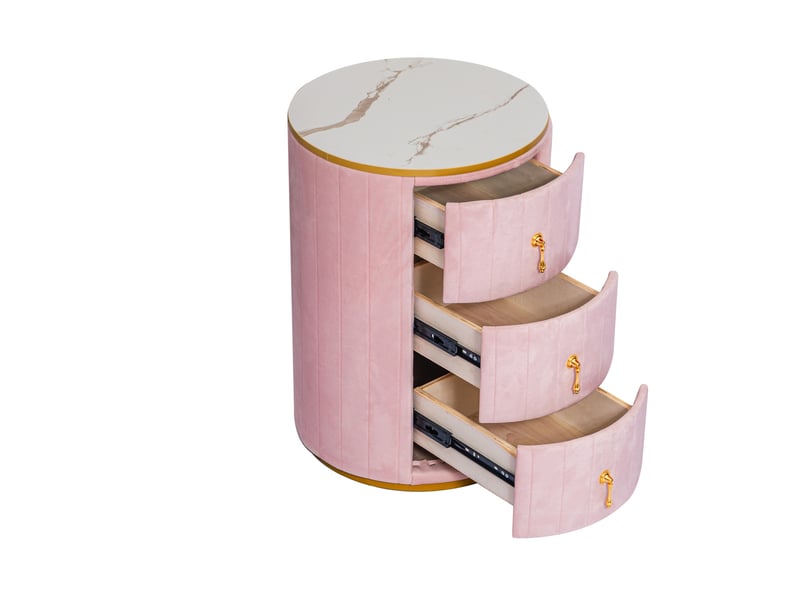  Table de chevet ronde 40 x 40 x 52,5 cm à 3 tiroirs, velours rose, plateau effet marbre, finitions métal doré  - Conforama A