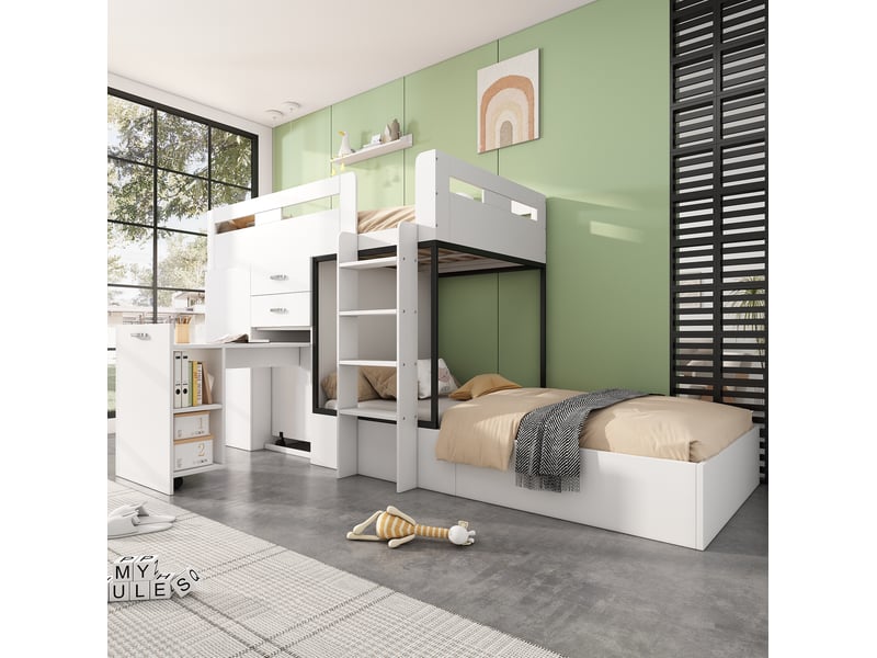  Lit superposé enfant avec bureau coulissant, armoire et rangements 90 x 200 cm blanc et noir  - Conforama D