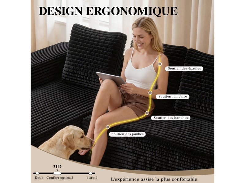  Canapé d'angle modulaire avec méridienne réversible, sans montage, en velours côtelé noir 261 × 168 × 58 cm  - Conforama E