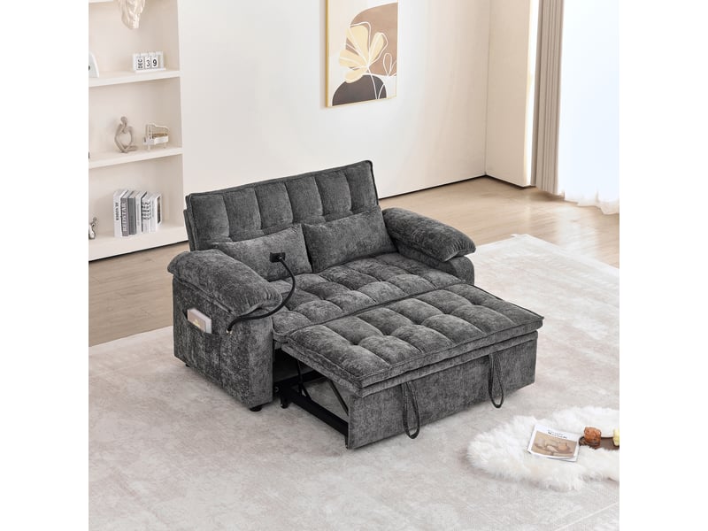 Canapé convertible 3-en-1 142 x 90 x 87 cm avec assise moelleuse, 2 coussins lombaires, tablette et porte-gobelet, chenille, gris OMNIGLINT TRADING LTD - Conforama B