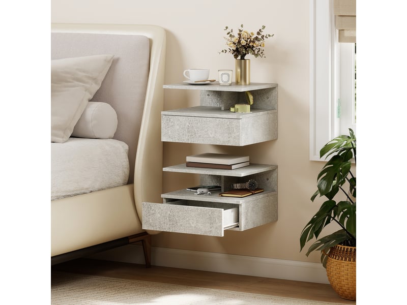 Ensemble de 2 tables de chevet suspendues avec tiroir et étagère ouverte, 35 x 32 x 22,5 cm, gris ciment  - Conforama C