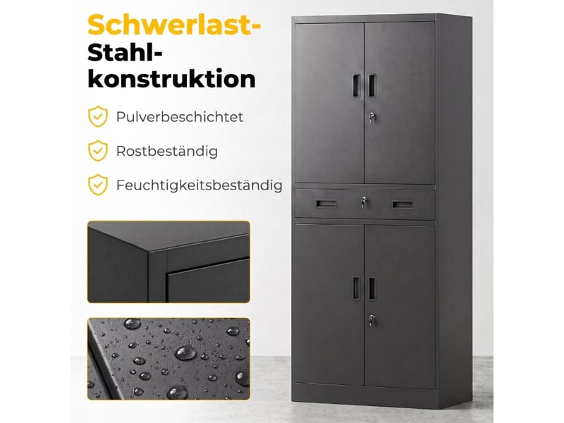 Armoire métallique 180 cm, armoire à outils avec portes verrouillables, tiroir et étagères réglables, noire - Conforama D