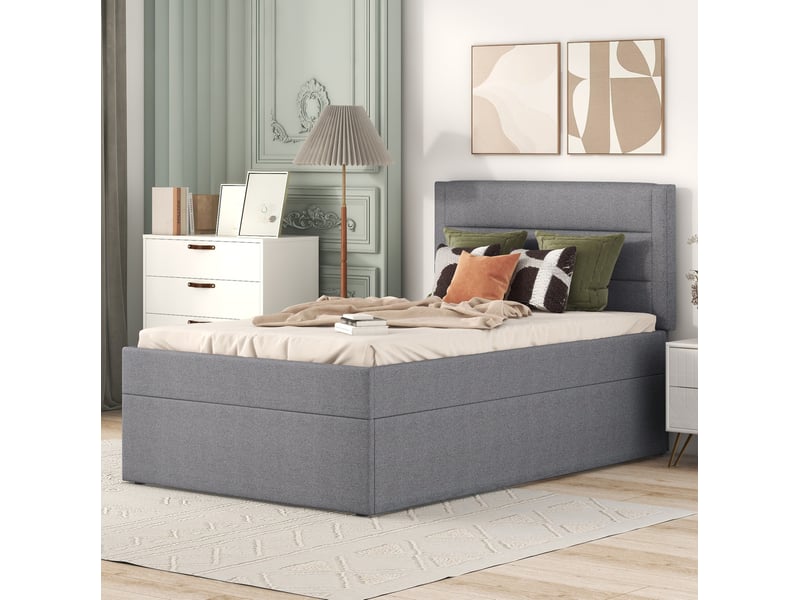  Lit coffre 90x200 cm avec rangement, mdf, bois et métal, gris  - Conforama E