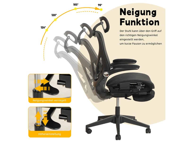  Chaise de bureau ergonomique pliable avec appui-tête 3d et accoudoirs rabattables - lpospi - maille noire  - Conforama C