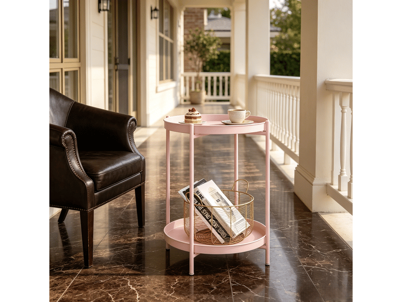  Table basse ronde avec 2 plateaux amovibles et 2 étagères en métal pour salon ou chambre, rose, 44 × 44 × 53 cm  - Conforama C