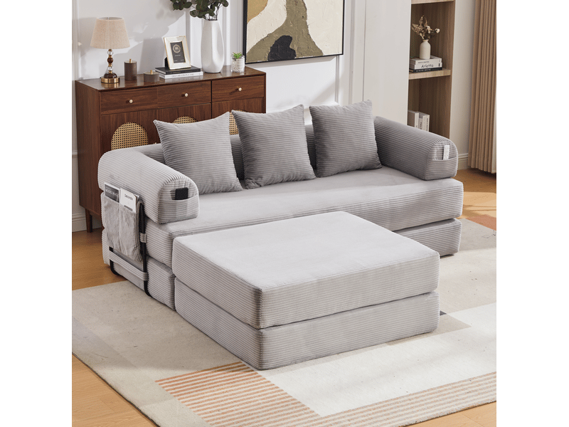  Canapé modulable 3 places en velours côtelé gris clair avec pouf et 3 coussins, confort pour le salon  - Conforama B