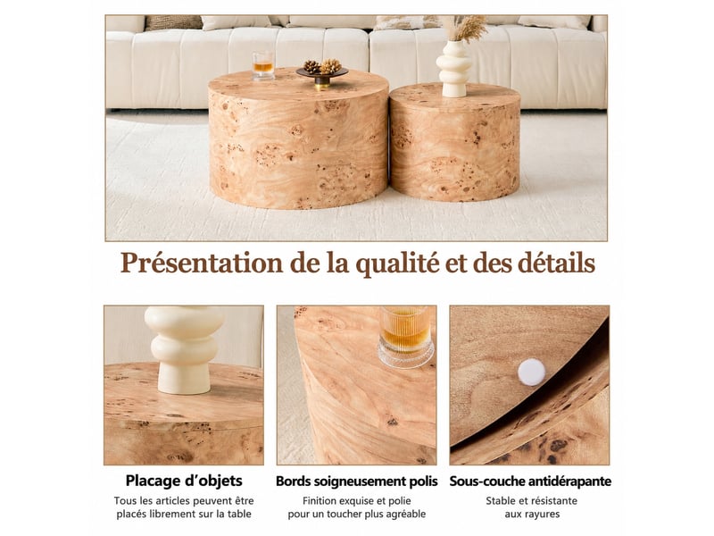 Lot de 2 tables basses gigognes rondes avec rangement, effet bois naturel en mdf, table d'appoint pour salon, ø 62,8 cm - Conforama W