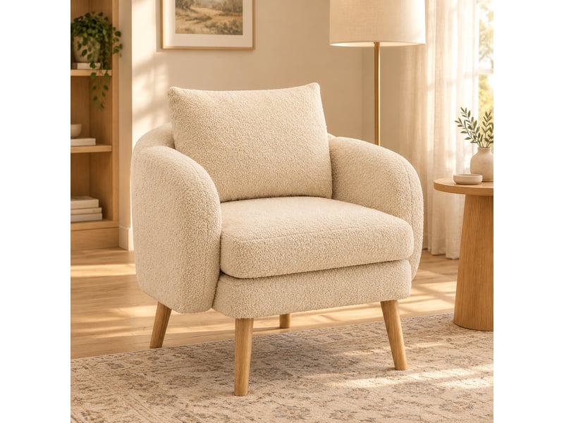  Fauteuil 1 place avec coussin de dossier et assise épaisse pour salon, structure en bois, tissu bouclette beige  - Conforama C