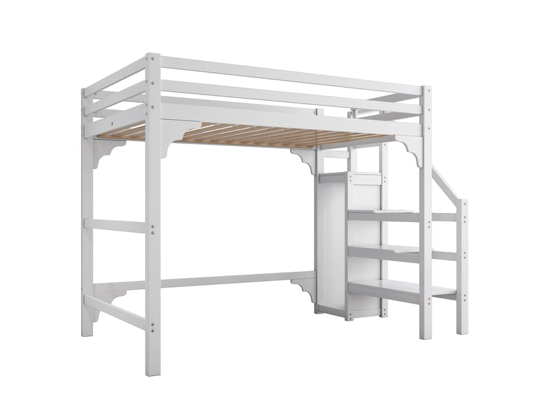  Lit mezzanine enfant 140x200 cm avec rangement, marches et penderie, pin, blanc, sans matelas  - Conforama D
