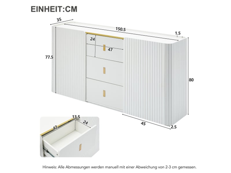  Buffet led 150.5x35x80 cm avec 2 portes et 3 tiroirs en panneau de particules couleur blanc, design moderne  - Conforama C