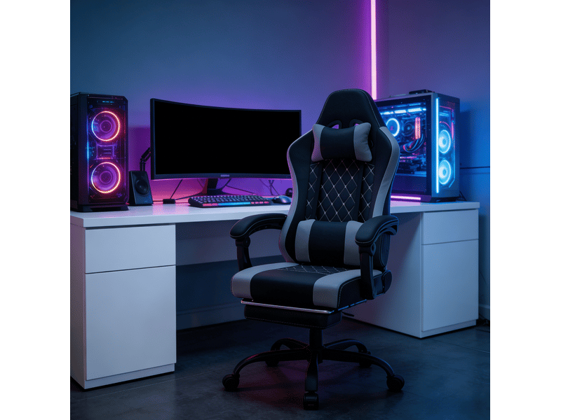 Fauteuil de bureau gaming noir et gris avec massage usb, repose-pieds et dossier inclinable de 90° à 145° - Conforama E