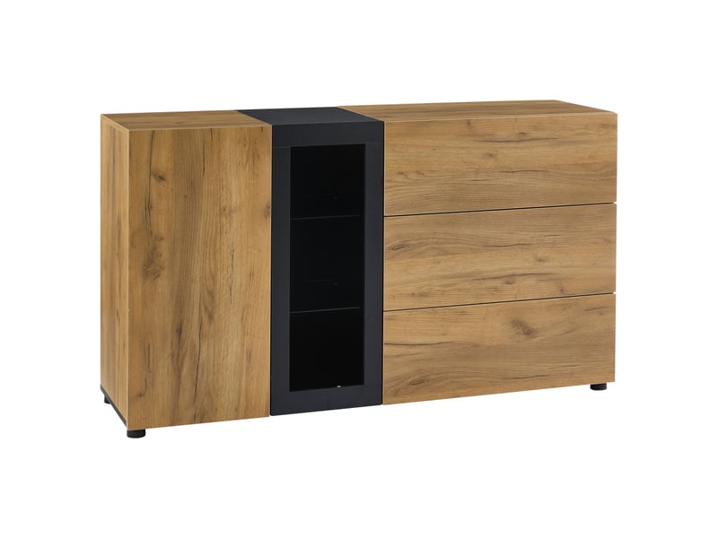 Buffet moderne 140 cm avec éclairage led, meuble vitrine noir et marron, 3 tiroirs, 1 porte et étagères en verre réglables - Conforama A