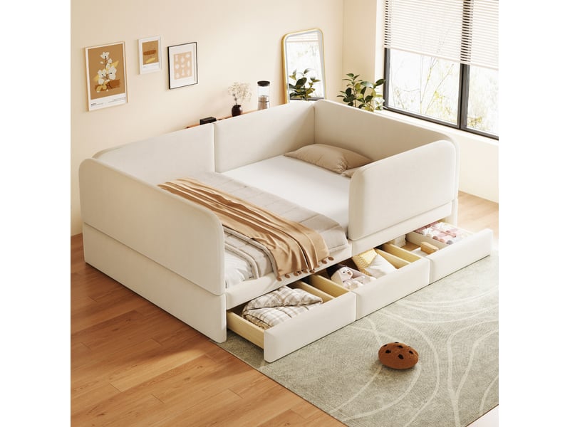 Lit enfant 140 × 200 cm 2 places avec 3 tiroirs et contour de sécurité, sans matelas, en velours beige  - Conforama B