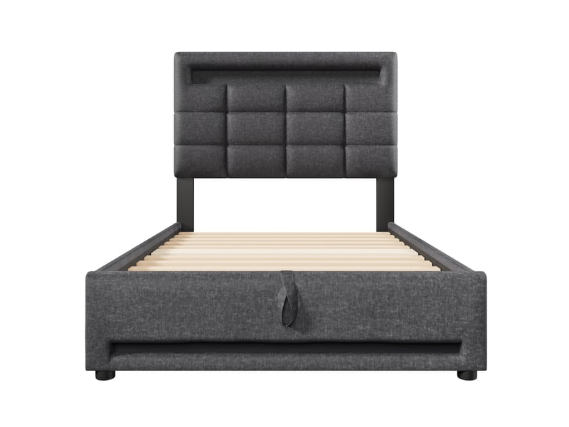  Lit capitonné, 90 x 200 cm, commande par application, éclairage led, suspension hydraulique, sans matelas, avec port usb, linge de lit gris  - Conforama D