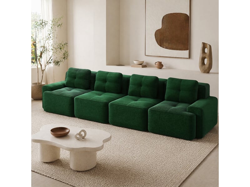  Canapé modulaire 4 places en velours côtelé avec dossier incurvé, accoudoirs larges et assise profonde vert  - Conforama D