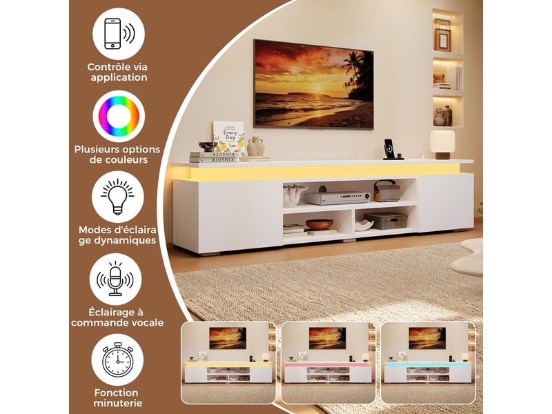  Meuble tv moderne avec led lumineuse, 2 porte et 3 niches ouvertes - armoire tv salon blanc, 180x35x42 cm  - Conforama B