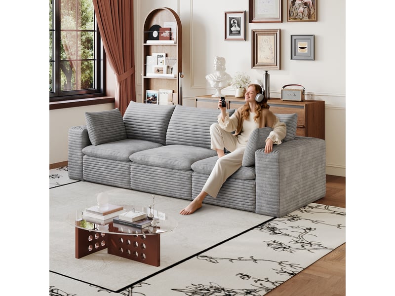 Canapé nuage velours côtelé gris foncé 260 cm, canapé 4 places déhoussable sans montage pour salon - Conforama E
