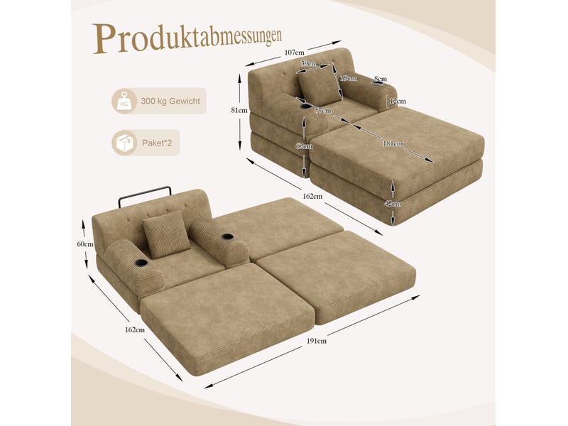  Fauteuil-lit convertible 1 place avec repose-pieds, 4 poches et 2 porte-gobelets en velours côtelé kaki  - Conforama C