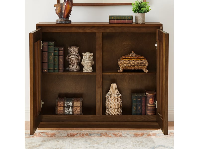 Buffet modenvie vintage 2 portes ajourées avec rangement et ouvertures arrière pour prises en mdf noyer 99 x 23,5 x 82,6 cm - Conforama D