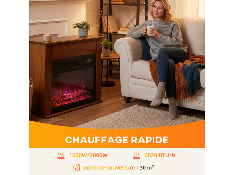  Cheminée électrique 1000w2000w, fausse cheminée effet flamme 3d à 6 couleurs et 3 luminosités, 68,5x27,5x63cm, marron  - Conforama E