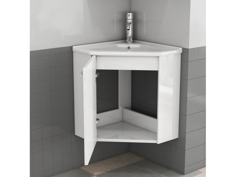 Meuble sous vasque d’angle avec vasque en céramique, 1 porte amortie, blanc, salle de bain 39,80 × 24,80 × 40 cm - Conforama B