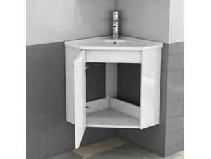 Meuble sous vasque d’angle avec vasque en céramique, 1 porte amortie, blanc, salle de bain 39,80 × 24,80 × 40 cm