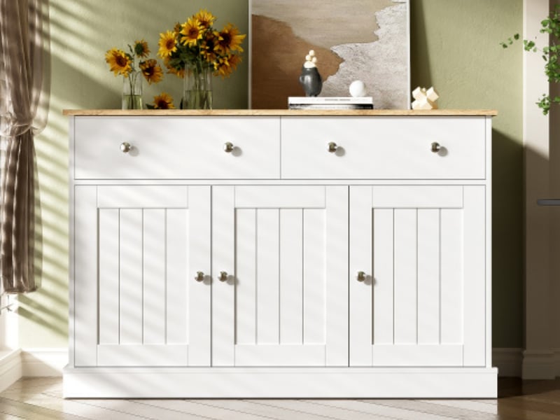  Buffet bass, meuble de rangement, avec texture gravée, 3 portes et 2 tiroirs, 120 x 36 x 80,5 cm, armoire de cuisine, blanc  - Conforama B